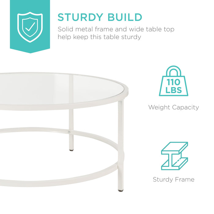 Round Tempered Glass Coffee Table w/ Steel Frame - 36in