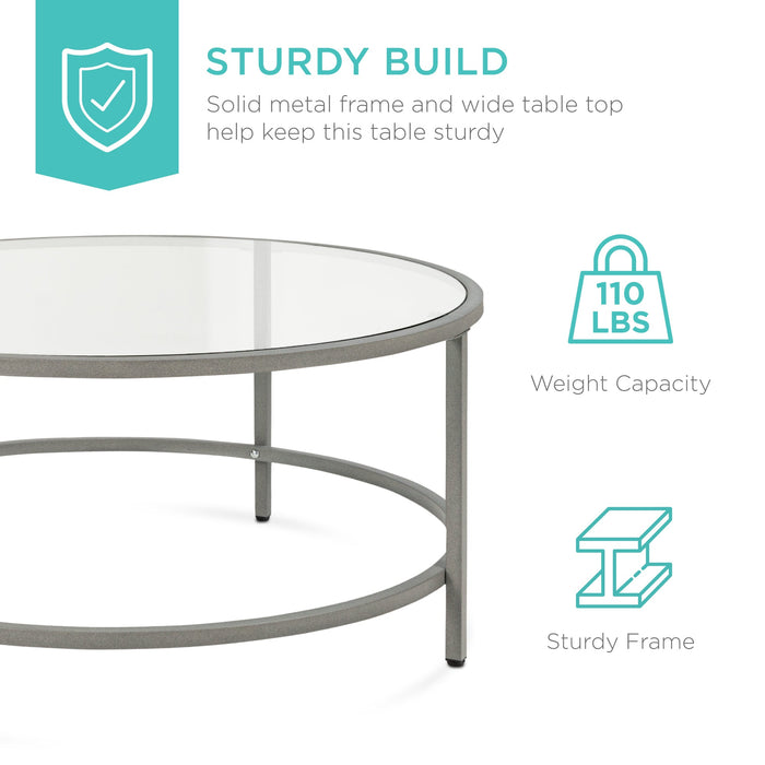 Round Tempered Glass Coffee Table w/ Steel Frame - 36in