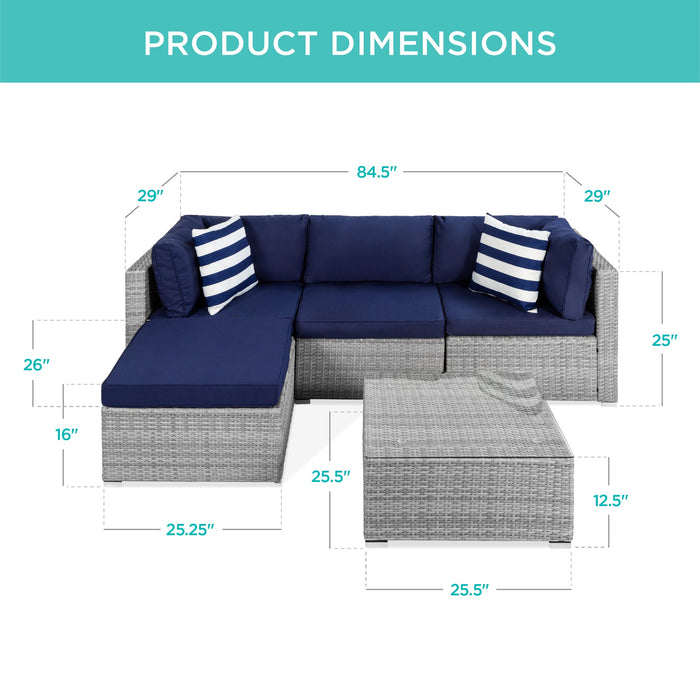 5-Piece Modular Wicker Sectional Conversation Set w/ 2 Pillows, Coffee Table