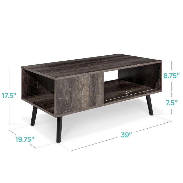 Wooden Mid-Century Modern Coffee Accent Table w/ Open Storage Shelf