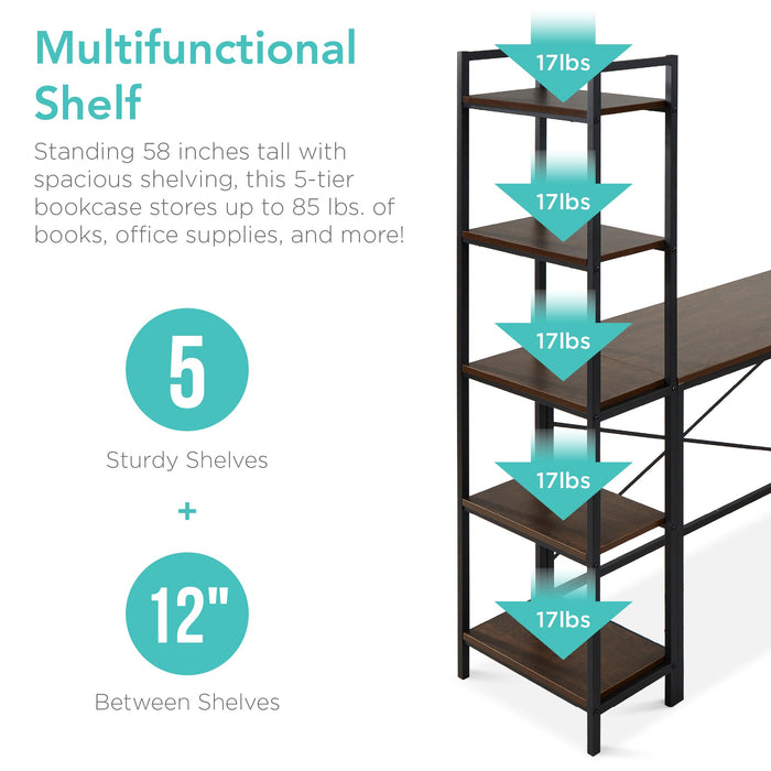 L-Shaped Computer Desk, Study Workstation w/ 5-Tier Open Storage Bookshelf