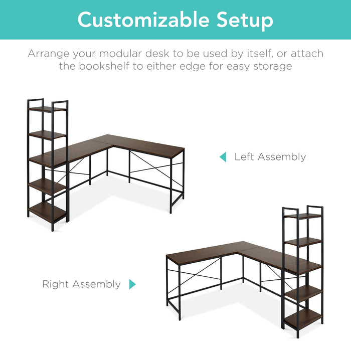 L-Shaped Computer Desk, Study Workstation w/ 5-Tier Open Storage Bookshelf