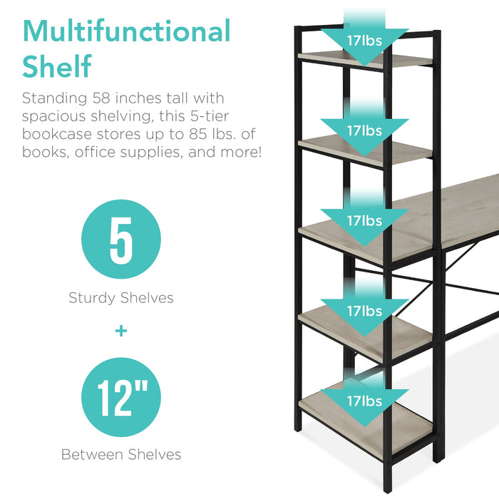 L-Shaped Computer Desk, Study Workstation w/ 5-Tier Open Storage Bookshelf