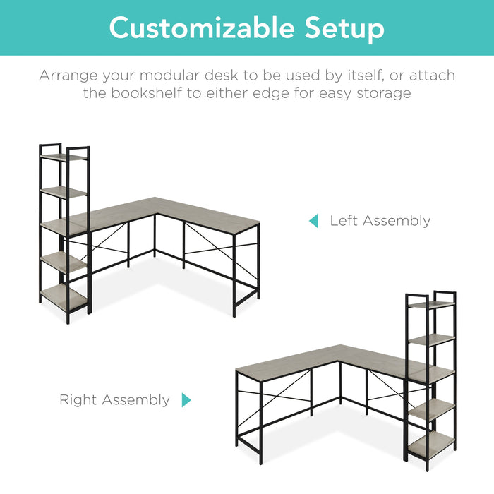 L-Shaped Computer Desk, Study Workstation w/ 5-Tier Open Storage Bookshelf