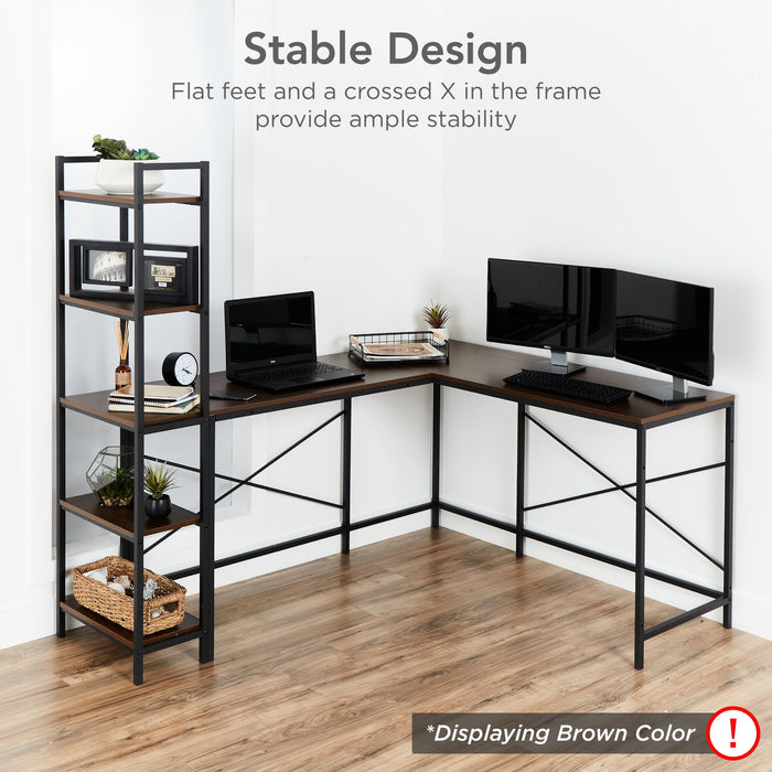 L-Shaped Computer Desk, Study Workstation w/ 5-Tier Open Storage Bookshelf