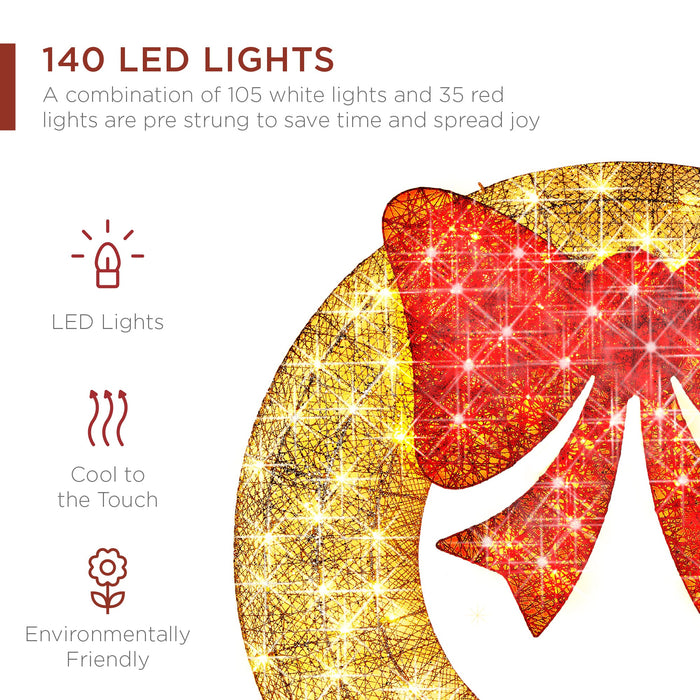 Couronne de Noël extérieure pré-éclairée, décoration de Noël en métal à DEL avec nœud - 48 po