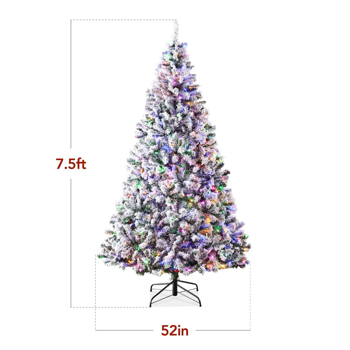 Pre-Lit Snow Flocked Artificial Pine Christmas Tree w/ Multicolored Lights