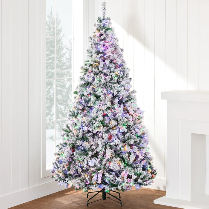 Pre-Lit Snow Flocked Artificial Pine Christmas Tree w/ Multicolored Lights