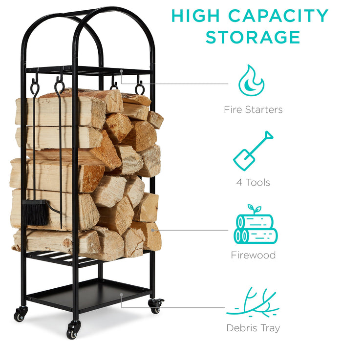 3-Tier Wrought Iron Firewood Log Rack w/ 4-Piece Tool Set, Wheels - 4ft