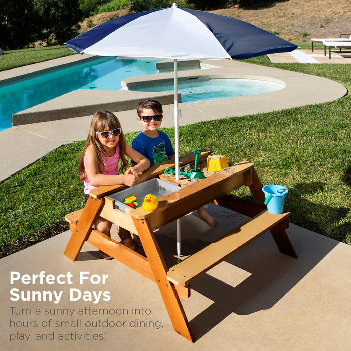 3-in-1 Kids Sand & Water Table Outdoor Wood Picnic Table w/ Umbrella