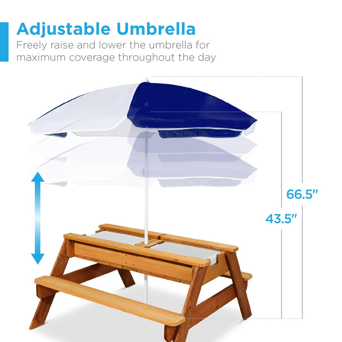 3-in-1 Kids Sand & Water Table Outdoor Wood Picnic Table w/ Umbrella