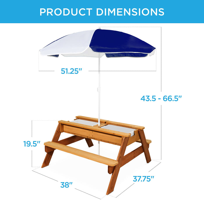 3-in-1 Kids Sand & Water Table Outdoor Wood Picnic Table w/ Umbrella