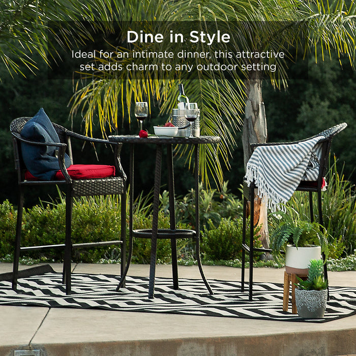 3-Piece Outdoor Bistro Wicker Table Bar Set w/ Bar Stools, Footrests