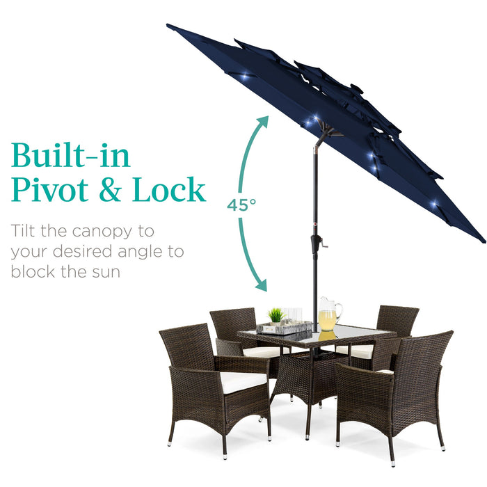 3-Tier Solar Patio Umbrella w/ LED Lights, Tilt Adjustment, Crank - 10ft