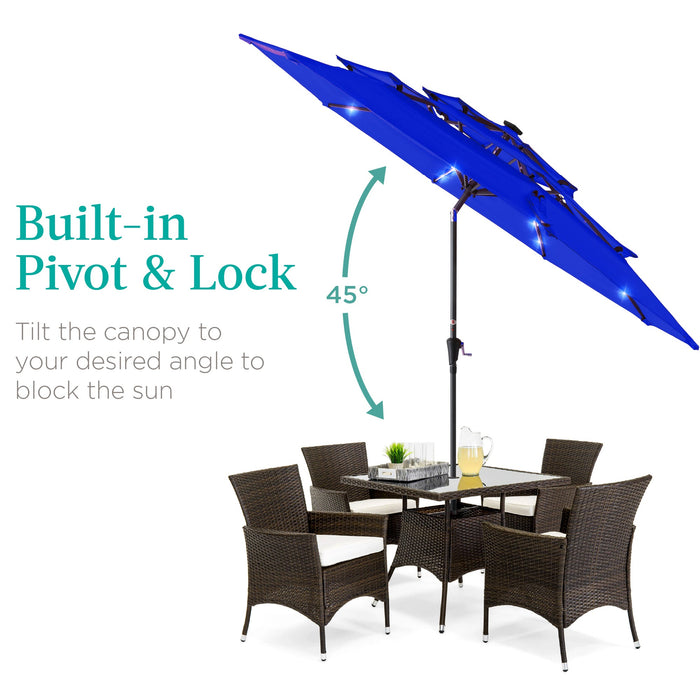 3-Tier Solar Patio Umbrella w/ LED Lights, Tilt Adjustment, Crank - 10ft