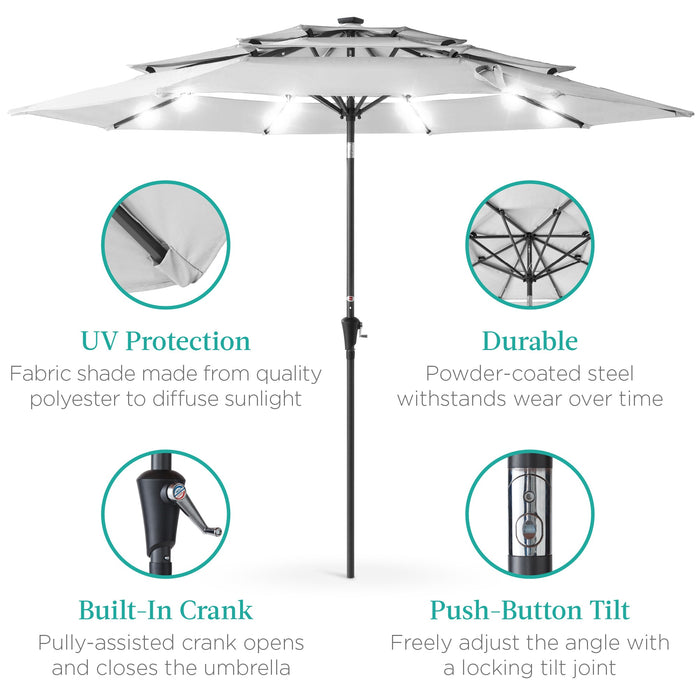 3-Tier Solar Patio Umbrella w/ LED Lights, Tilt Adjustment, Crank - 10ft