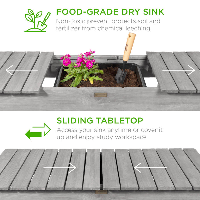 Wood Garden Potting Bench w/ Sliding Tabletop, Food Grade Dry Sink, Wheels