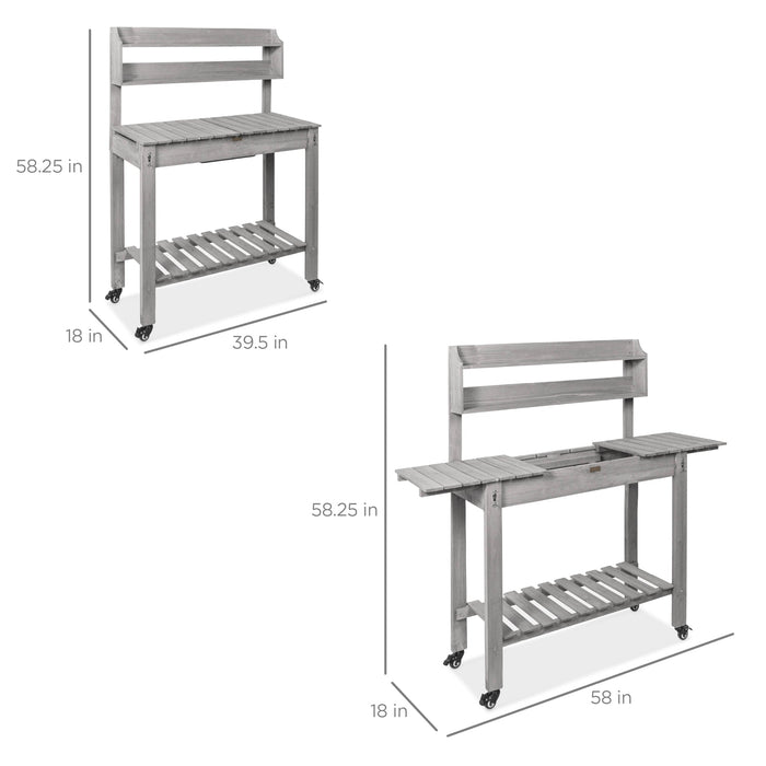 Wood Garden Potting Bench w/ Sliding Tabletop, Food Grade Dry Sink, Wheels