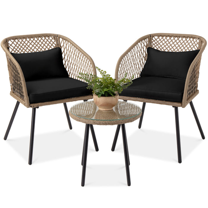 3-Piece Outdoor Diamond Weave Wicker Bistro Set w/ Tempered Glass Side Table