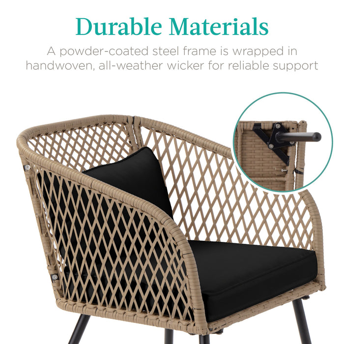 3-Piece Outdoor Diamond Weave Wicker Bistro Set w/ Tempered Glass Side Table