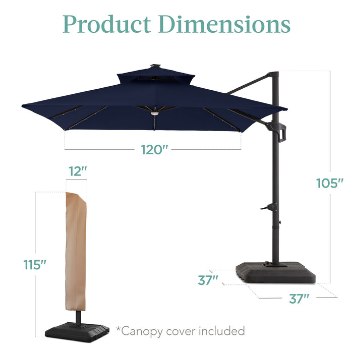 2-Tier Square LED Cantilever Offset Umbrella w/ 360 Rotation, Base - 10x10ft