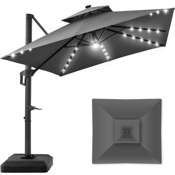 2-Tier Square LED Cantilever Offset Umbrella w/ 360 Rotation, Base - 10x10ft