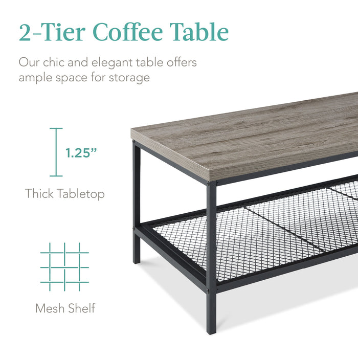 2-Tier Modern Coffee Table Industrial Rectangular Accent w/ Shelf - 44in