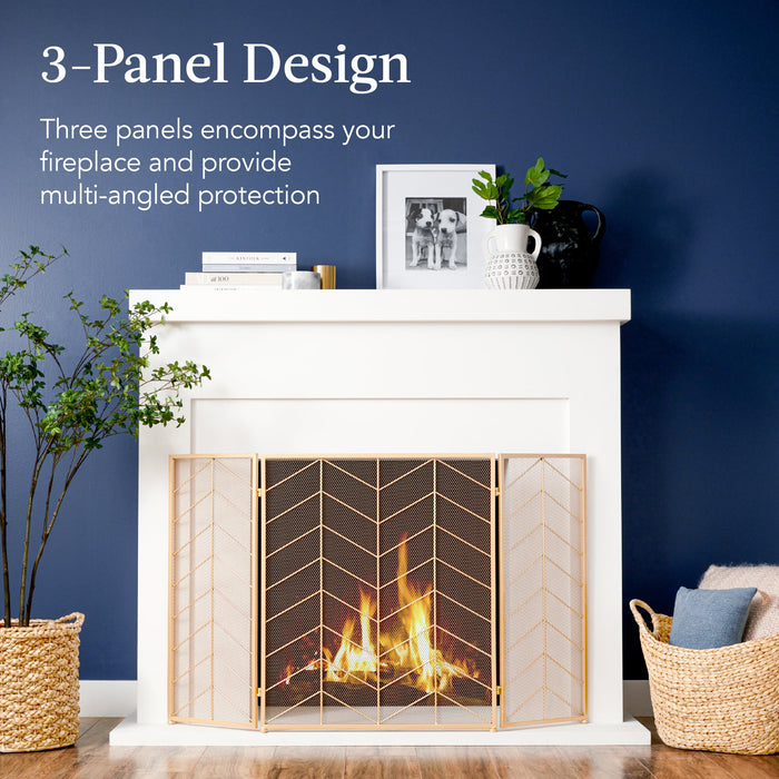 3-Panel Iron Chevron Fireplace Screen w/ Handles - 52x31in