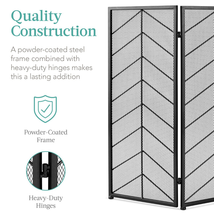 3-Panel Iron Chevron Fireplace Screen w/ Handles - 52x31in