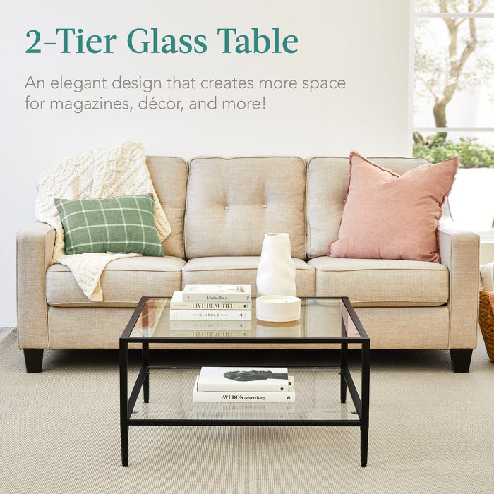 2-Tier Large Square Coffee Table Living Room Accent w/ Glass Top - 32"