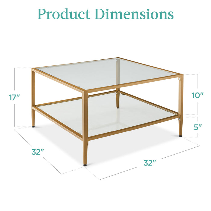 2-Tier Large Square Coffee Table Living Room Accent w/ Glass Top - 32"