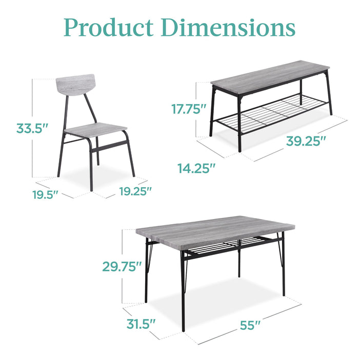 6-Piece Modern Dining Set w/ Storage Racks, Table, Bench, 4 Chairs - 55in