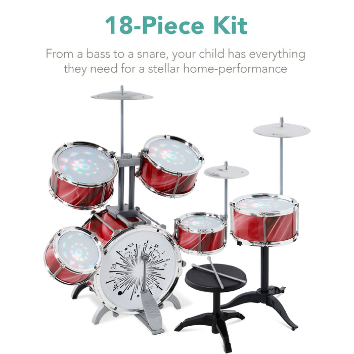 18-Piece Kids Beginner Drum Kit, Musical Instrument Toy Set w/ LED Lights