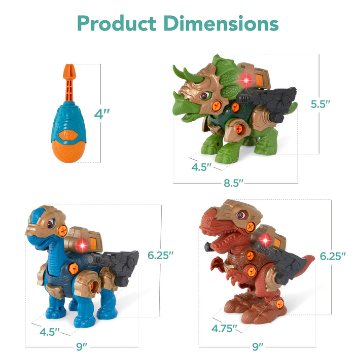 Lot de 86 pièces de 3 dinosaures jouets, ensemble STEM avec lumières et sons, pièces mobiles