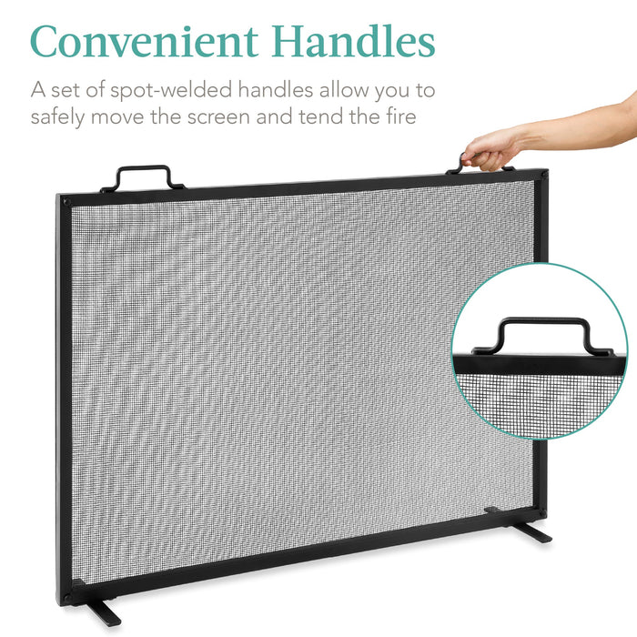 Single Panel Handcrafted Steel Mesh Fireplace Screen w/ Handles - 38x27in