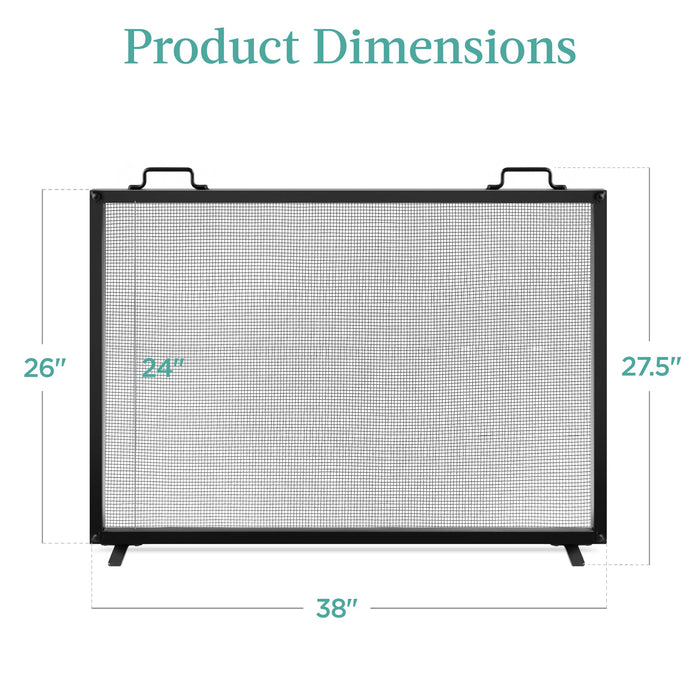 Single Panel Handcrafted Steel Mesh Fireplace Screen w/ Handles - 38x27in