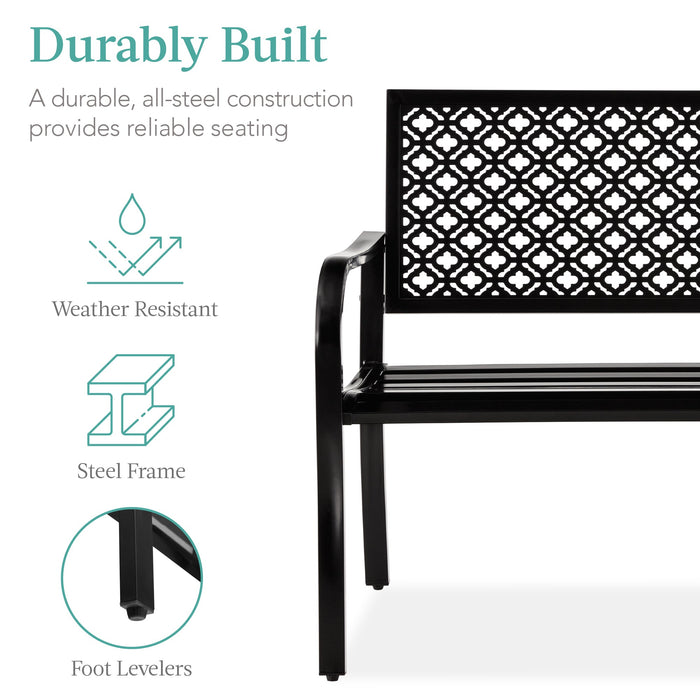 Indoor Outdoor Steel Bench w/ Geometric Backrest, Foot Levelers