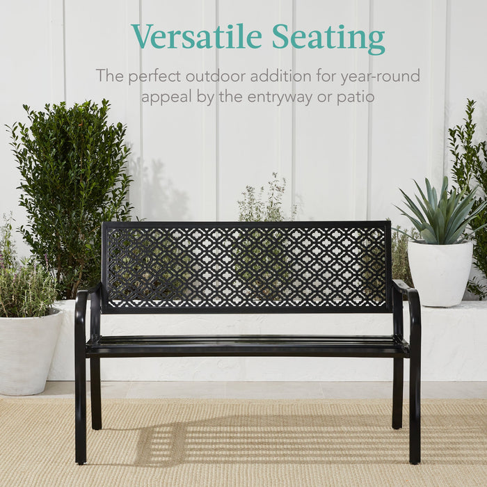 Indoor Outdoor Steel Bench w/ Geometric Backrest, Foot Levelers