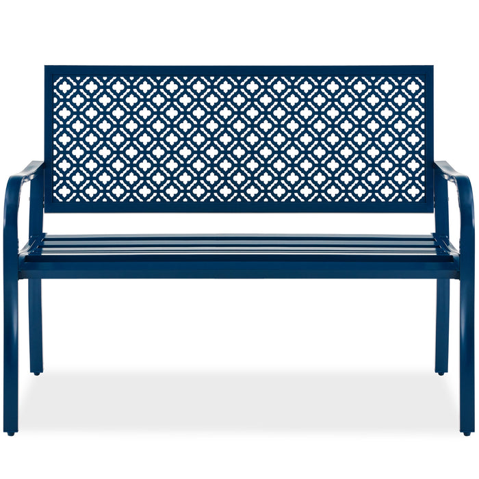 Indoor Outdoor Steel Bench w/ Geometric Backrest, Foot Levelers