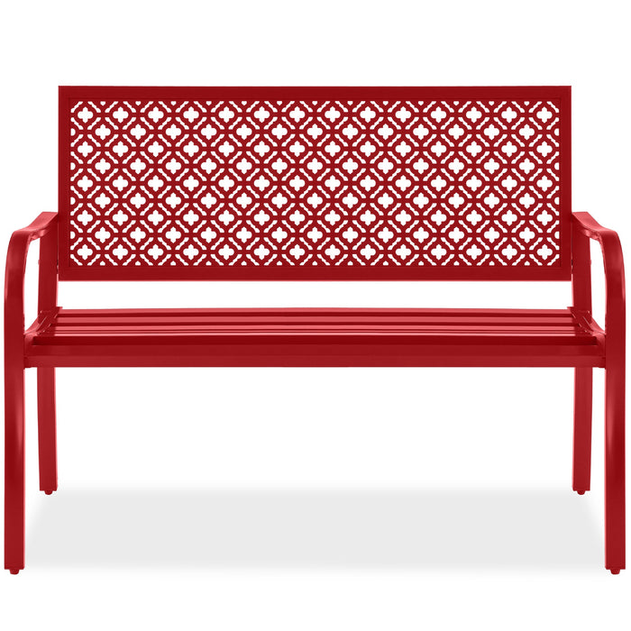 Indoor Outdoor Steel Bench w/ Geometric Backrest, Foot Levelers