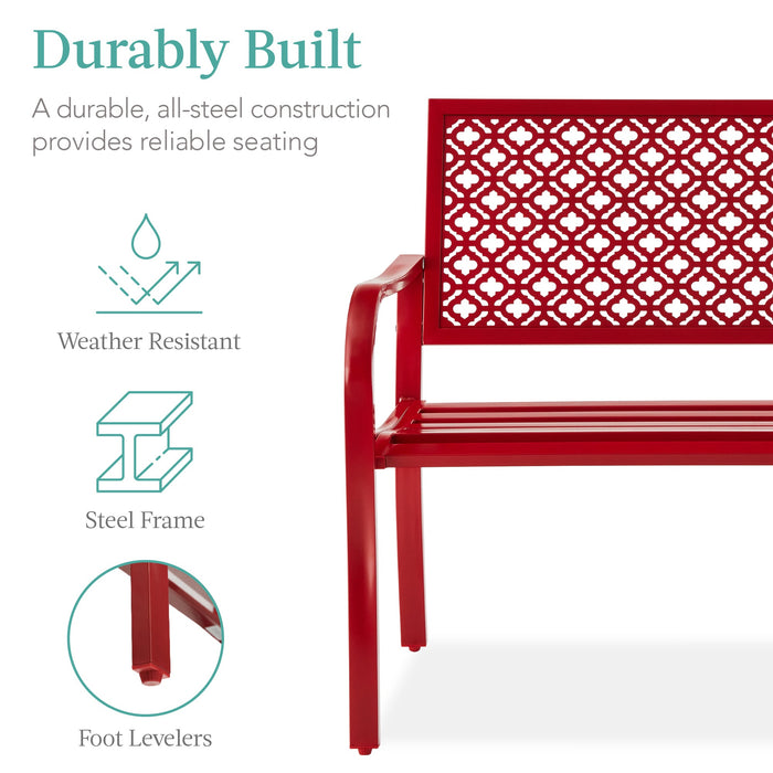 Indoor Outdoor Steel Bench w/ Geometric Backrest, Foot Levelers