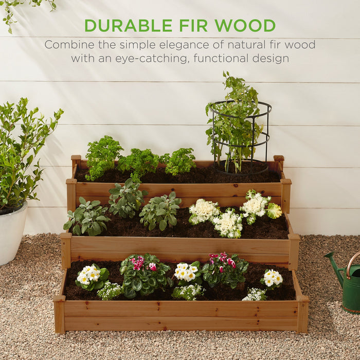 3-Tier Raised Fir Wood Garden Bed Planter w/ Stackable & Flat Setup