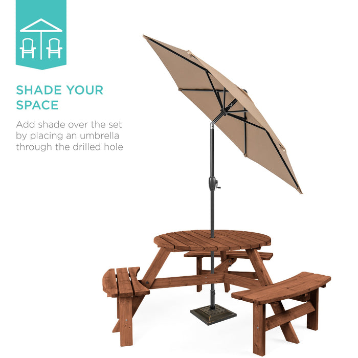 6-Person Circular Wooden Picnic Table w/ Umbrella Hole, 3 Benches