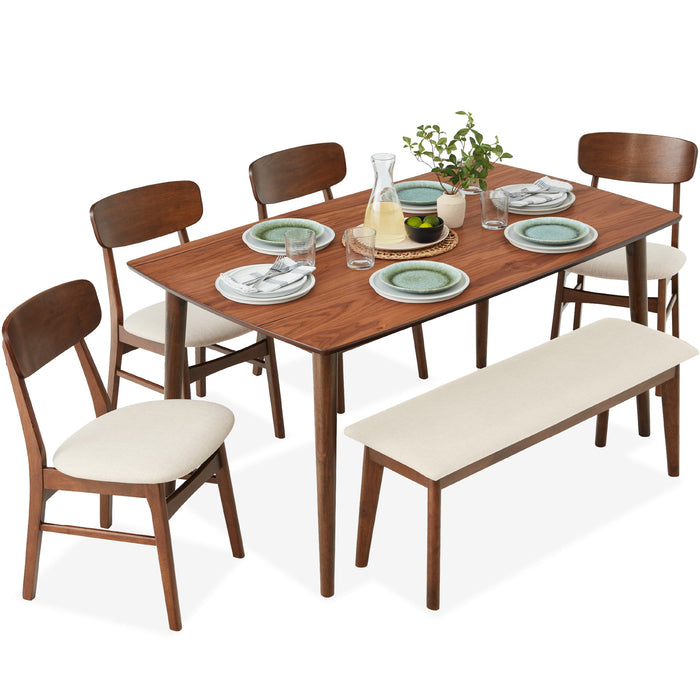 6-Piece Mid-Century Modern Upholstered Wooden Dining Set w/ 4 Chairs, Bench