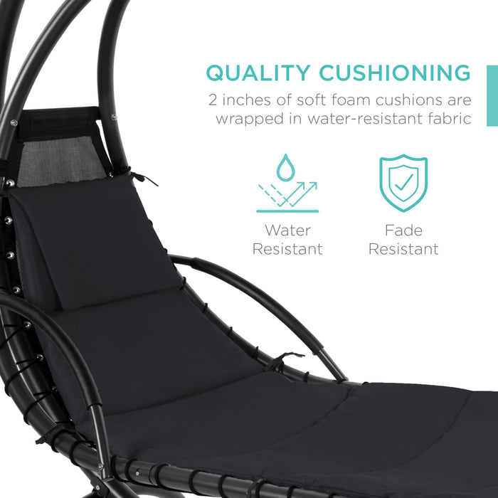 Hanging Curved Chaise Lounge Chair w/ Built-In Pillow, Removable Canopy