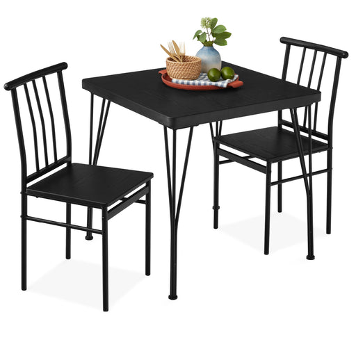 3-Piece Metal Wood Square Dining Table Furniture Set w/ 2 Chairs