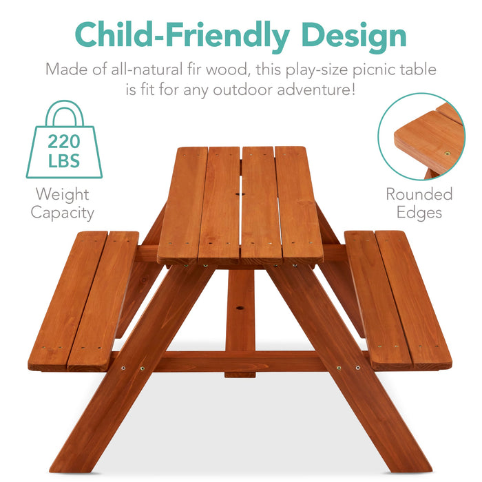 Kids Wooden Outdoor Picnic Table w/ Adjustable Umbrella, Built-In Seats