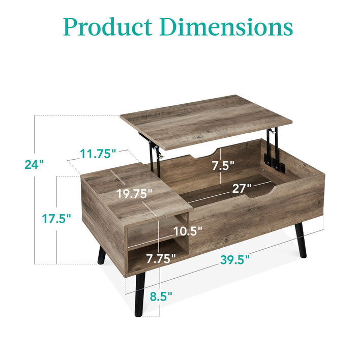 Wooden Mid-Century Modern Lift Top Coffee Table w/ Removable Shelf