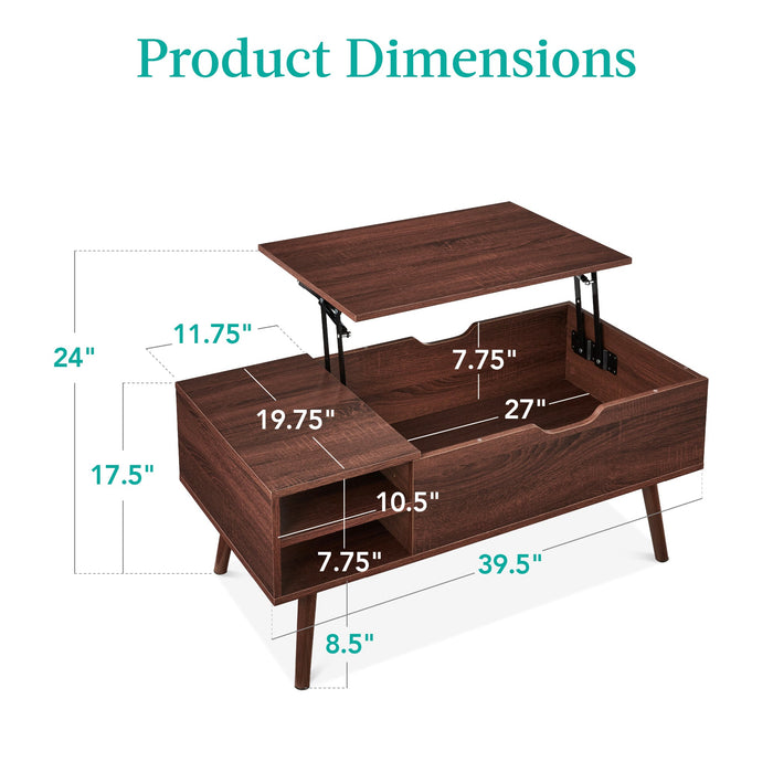 Wooden Mid-Century Modern Lift Top Coffee Table w/ Removable Shelf