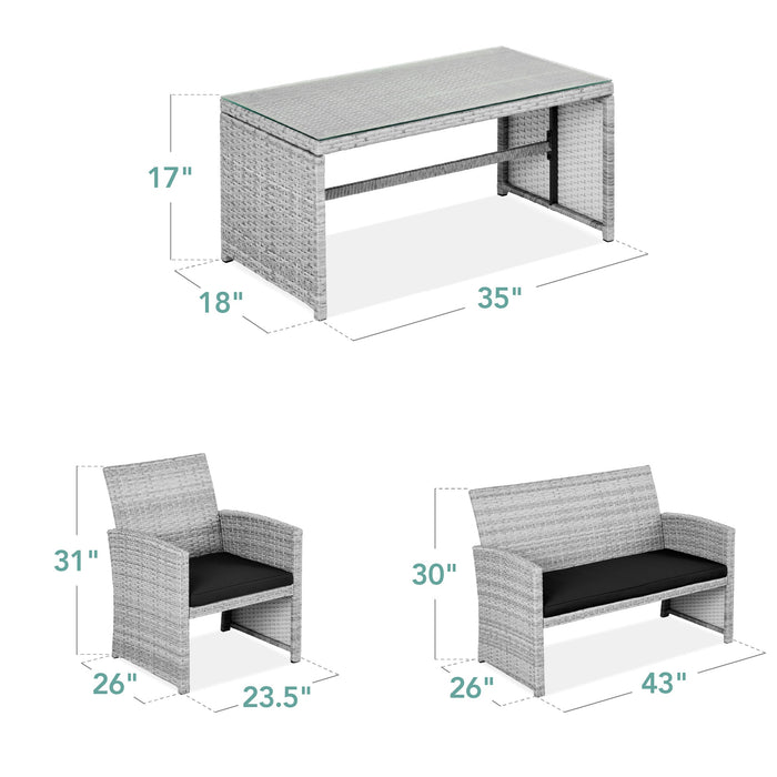 4-Piece Outdoor Wicker Conversation Patio Set w/ 4 Seats, Glass Table Top